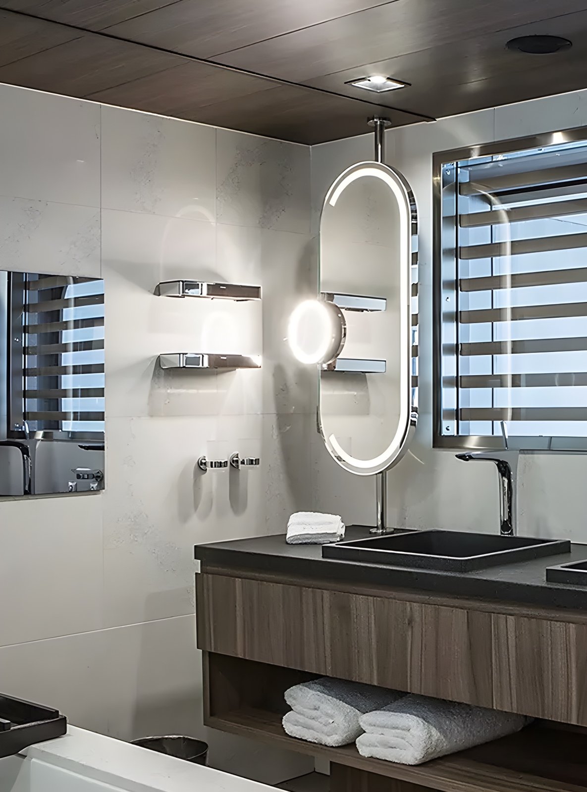 Miroir TV étanche dans la salle de bains d’une suite PONANT